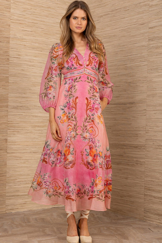 Frida Soft Floral Button Detail Midi Dress