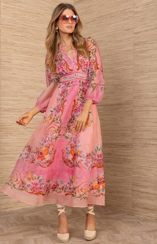 Frida Soft Floral Button Detail Midi Dress