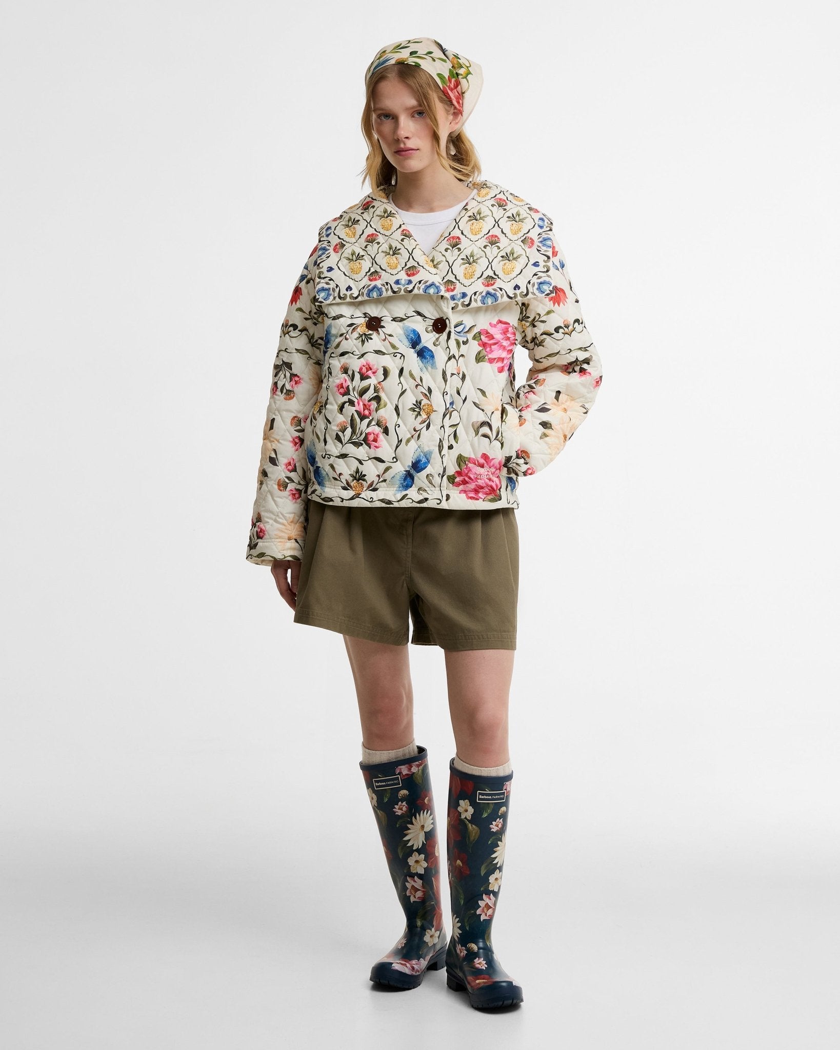 Young Ideas & Henmores - Barbour X Farm Rio Azelia Quilted Jacket - WH12 Cream Spring Petal\Flower Cream - XS