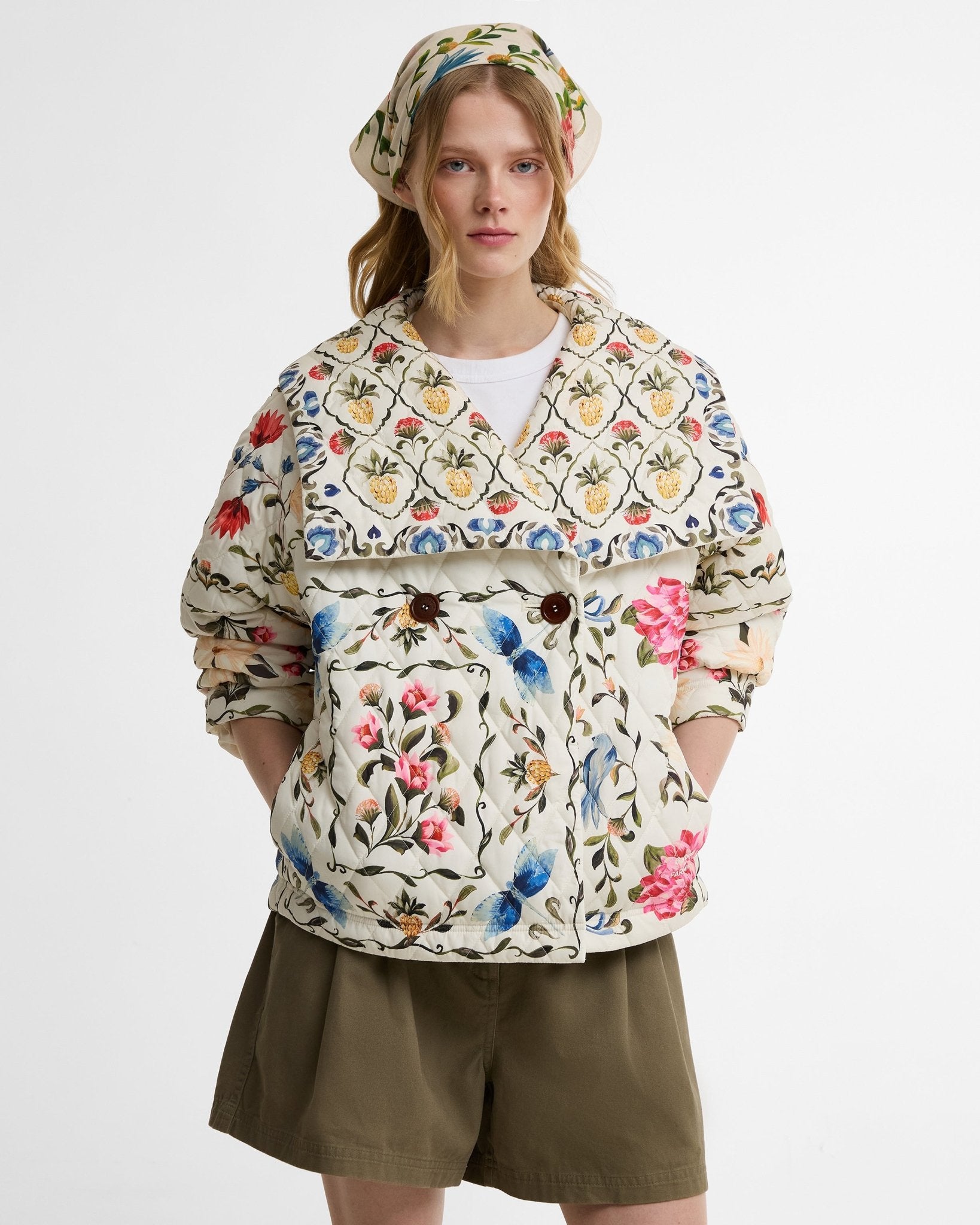 Young Ideas & Henmores - Barbour X Farm Rio Azelia Quilted Jacket - WH12 Cream Spring Petal\Flower Cream - XS