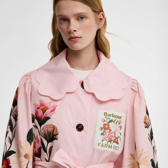 Young Ideas & Henmores - Barbour X Farm Rio Bromelia Showerproof Trench Coat - WH11 Pink Edens Bloom/Cream Flower - XS