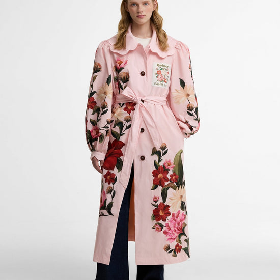 Young Ideas & Henmores - Barbour X Farm Rio Bromelia Showerproof Trench Coat - WH11 Pink Edens Bloom/Cream Flower - XS
