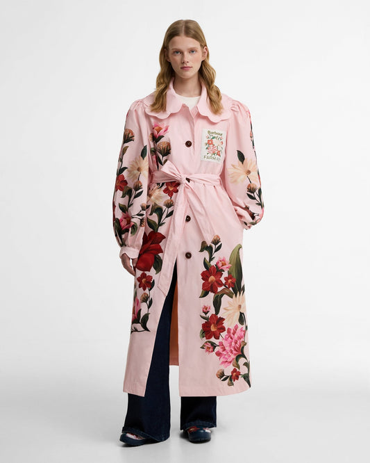 Young Ideas & Henmores - Barbour X Farm Rio Bromelia Showerproof Trench Coat - WH11 Pink Edens Bloom/Cream Flower - XS