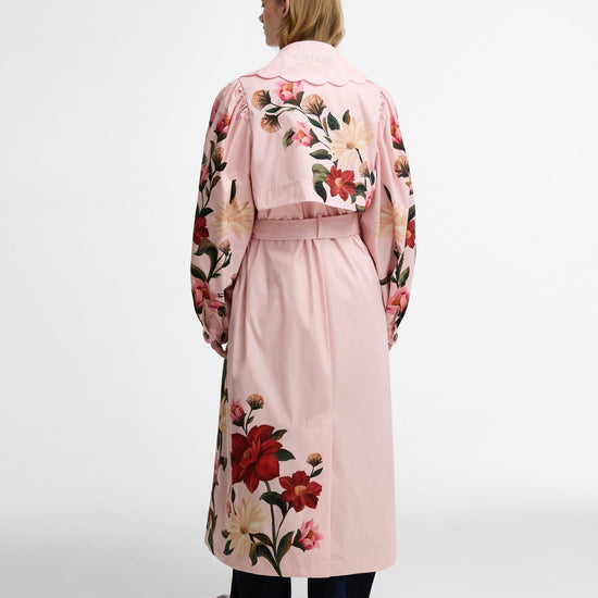 Young Ideas & Henmores - Barbour X Farm Rio Bromelia Showerproof Trench Coat - WH11 Pink Edens Bloom/Cream Flower - XS
