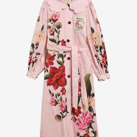 Young Ideas & Henmores - Barbour X Farm Rio Bromelia Showerproof Trench Coat - WH11 Pink Edens Bloom/Cream Flower - XS