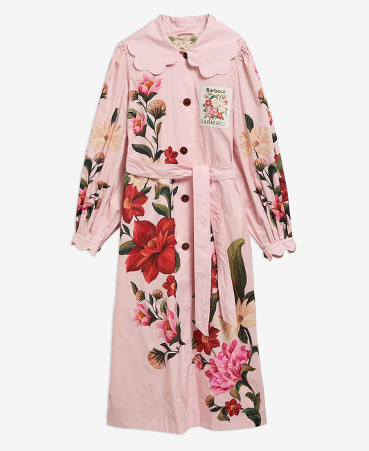 Young Ideas & Henmores - Barbour X Farm Rio Bromelia Showerproof Trench Coat - WH11 Pink Edens Bloom/Cream Flower - XS