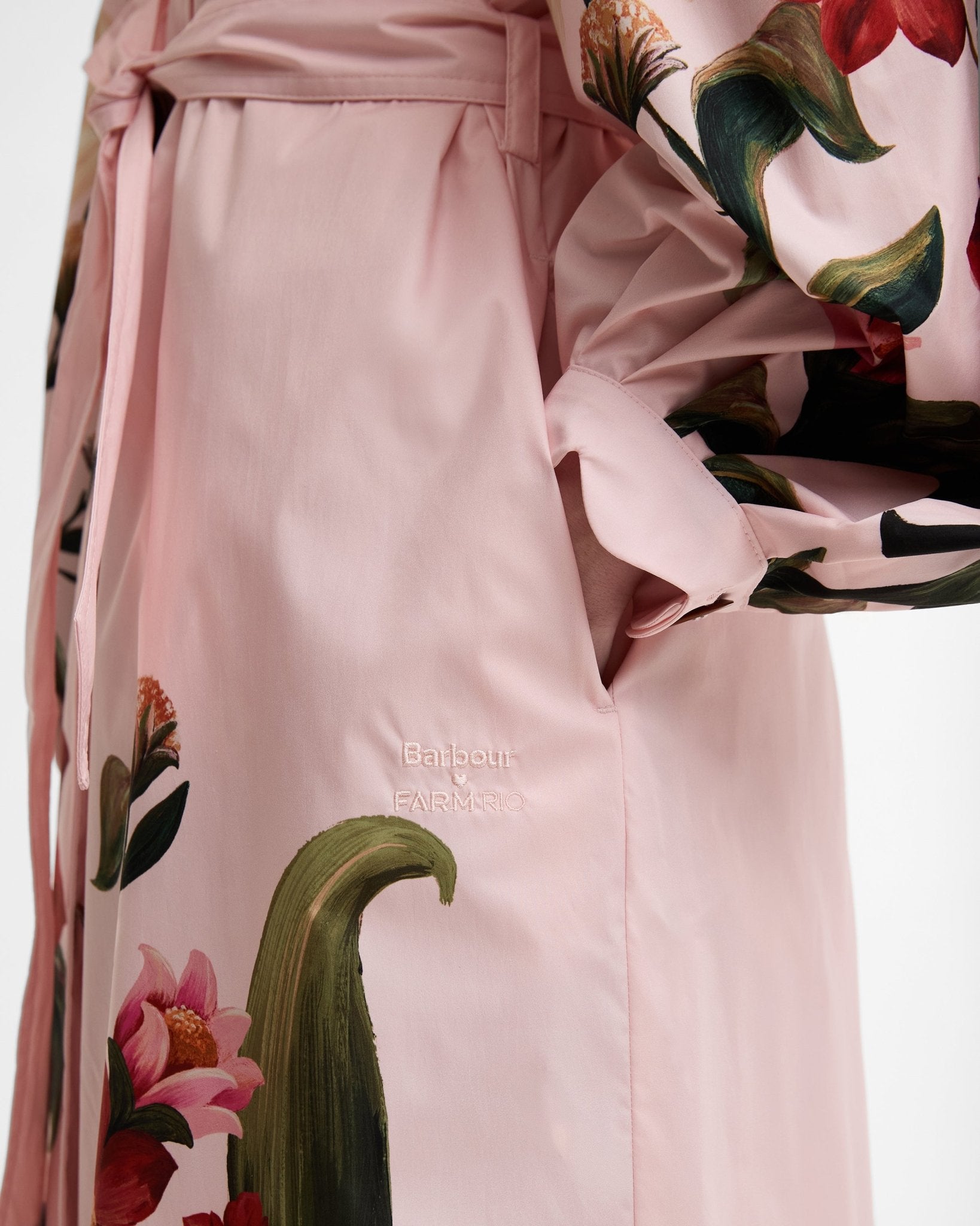 Young Ideas & Henmores - Barbour X Farm Rio Bromelia Showerproof Trench Coat - WH11 Pink Edens Bloom/Cream Flower - XS