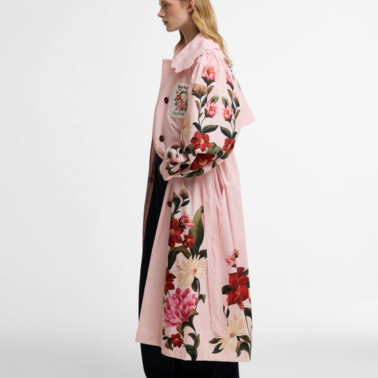 Young Ideas & Henmores - Barbour X Farm Rio Bromelia Showerproof Trench Coat - WH11 Pink Edens Bloom/Cream Flower - XS