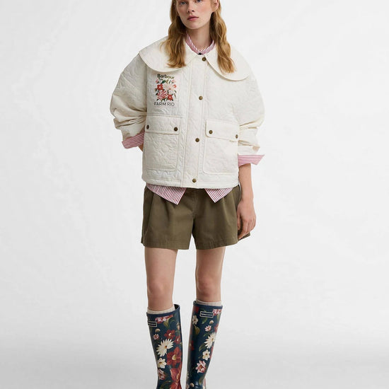 Young Ideas & Henmores - Barbour X Farm Rio Lotus Quilted Jacket - WH51 White Rose - XS