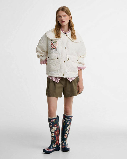 Young Ideas & Henmores - Barbour X Farm Rio Lotus Quilted Jacket - WH51 White Rose - XS