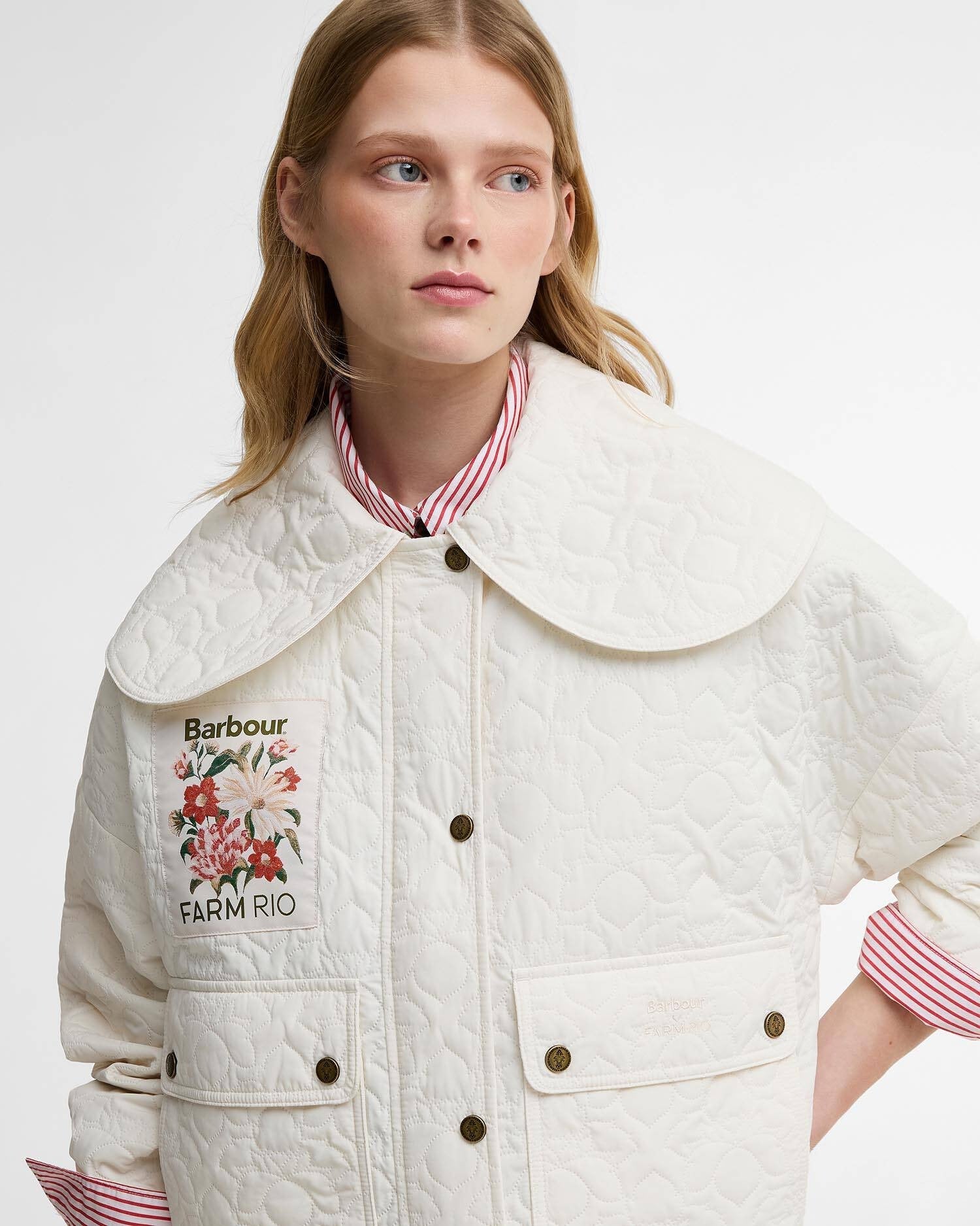 Young Ideas & Henmores - Barbour X Farm Rio Lotus Quilted Jacket - WH51 White Rose - XS