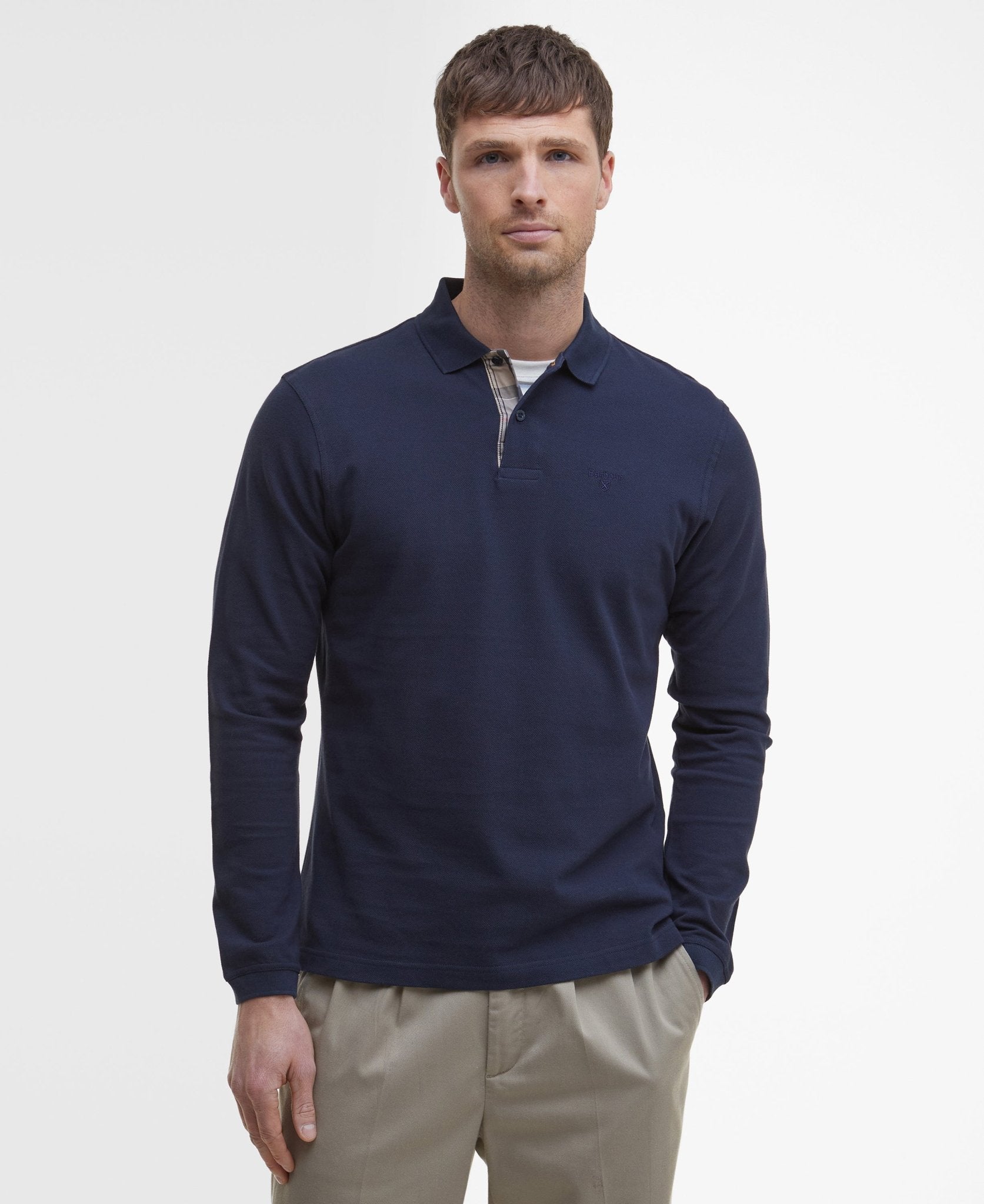Young Ideas & Henmores -Essential LS Tartan Pique Polo Shirt -NY91 Navy -L