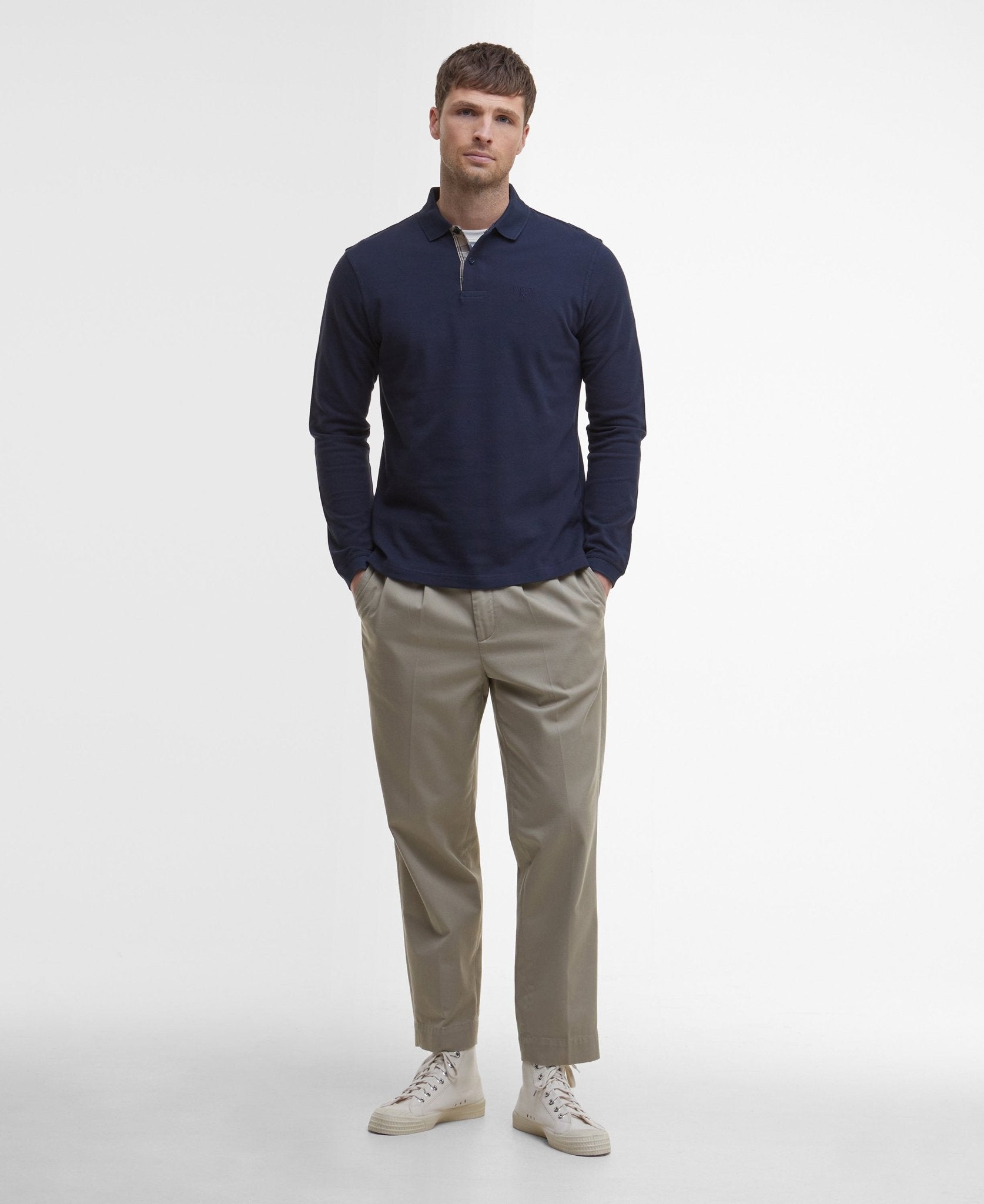 Young Ideas & Henmores -Essential LS Tartan Pique Polo Shirt -NY91 Navy -L