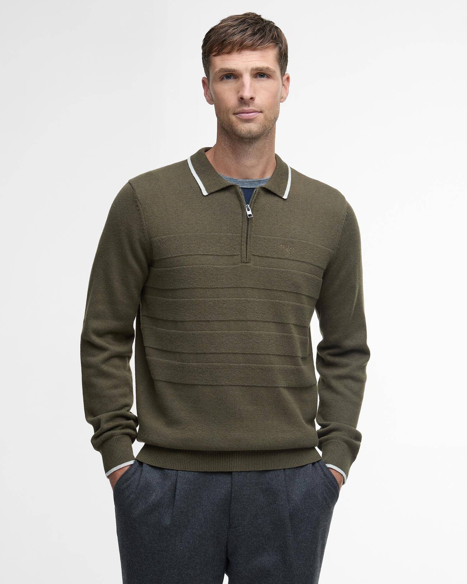 Young Ideas/Henmores - Fenhill Knitted Polo - Mid Olive - M