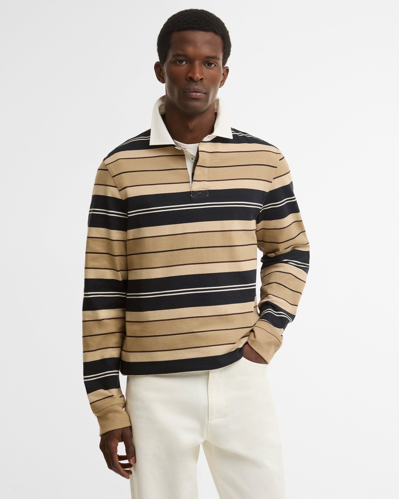 Young Ideas & Henmores -Frith Tartan Stripe Rugby Shirt -ST51 Stone -L
