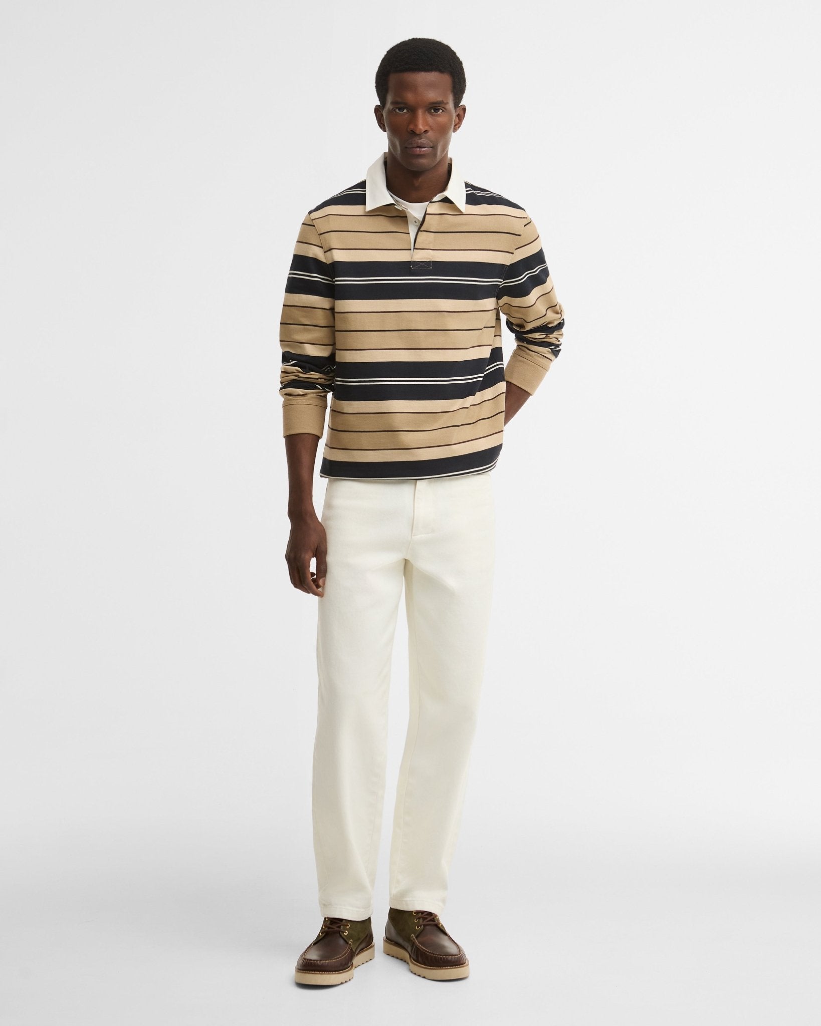 Young Ideas & Henmores -Frith Tartan Stripe Rugby Shirt -ST51 Stone -L