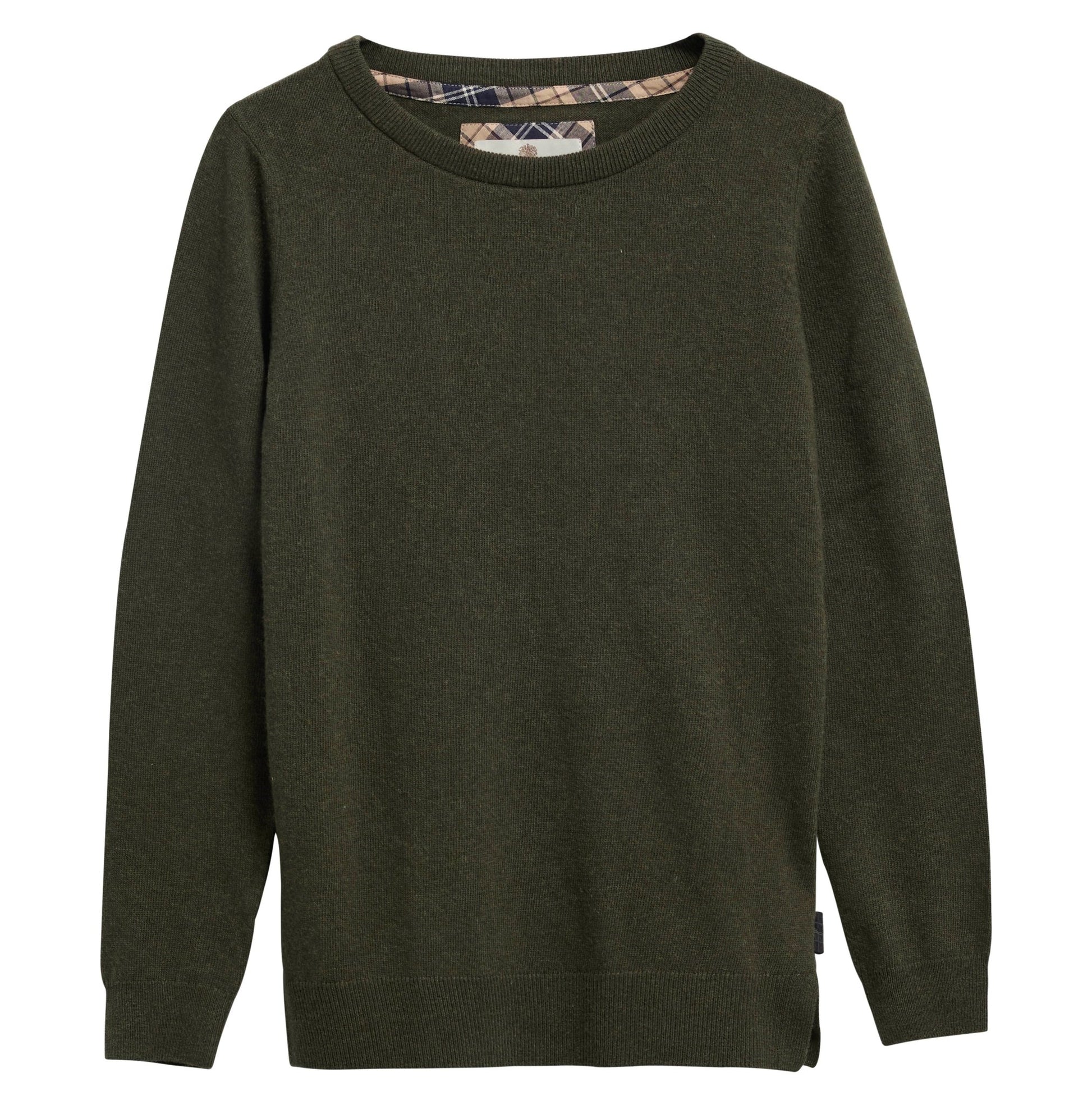 Young Ideas & Henmores -Pendle Crew Knitted Jumper -OL75 Olive/Birchwood Tartan -8