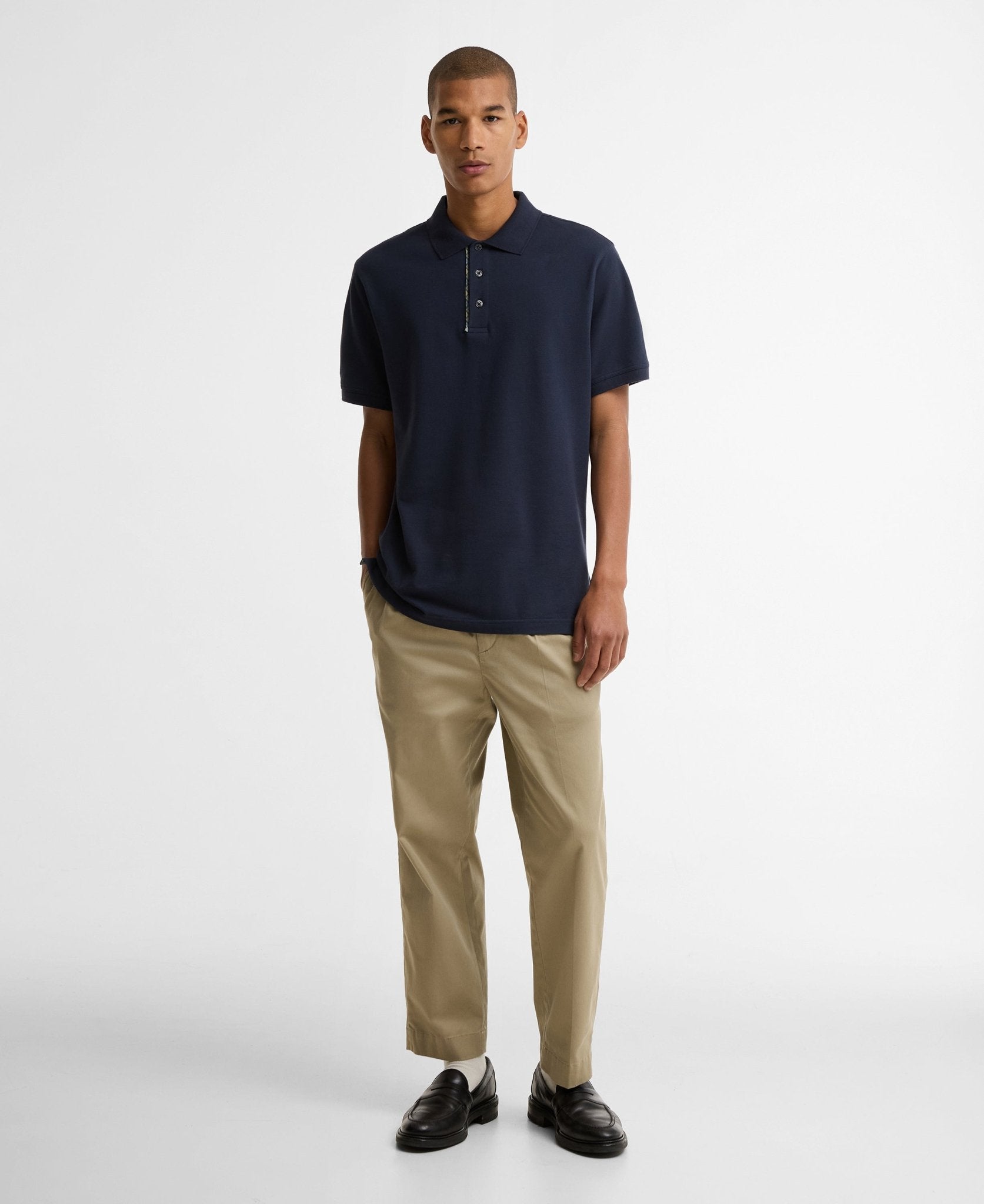 Young Ideas & Henmores - Reston Tartan Trim Tailored Polo Shirt - NY91 Navy - M