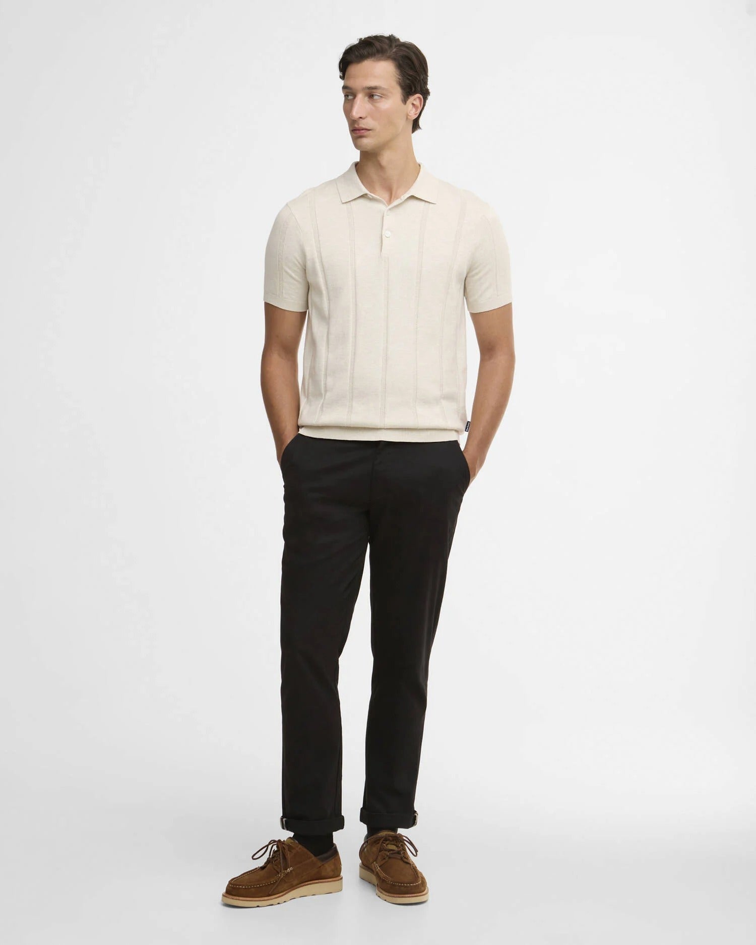 Young Ideas & Henmores -Wellburn Knitted Polo Shirt -BE72 Oatmeal -M
