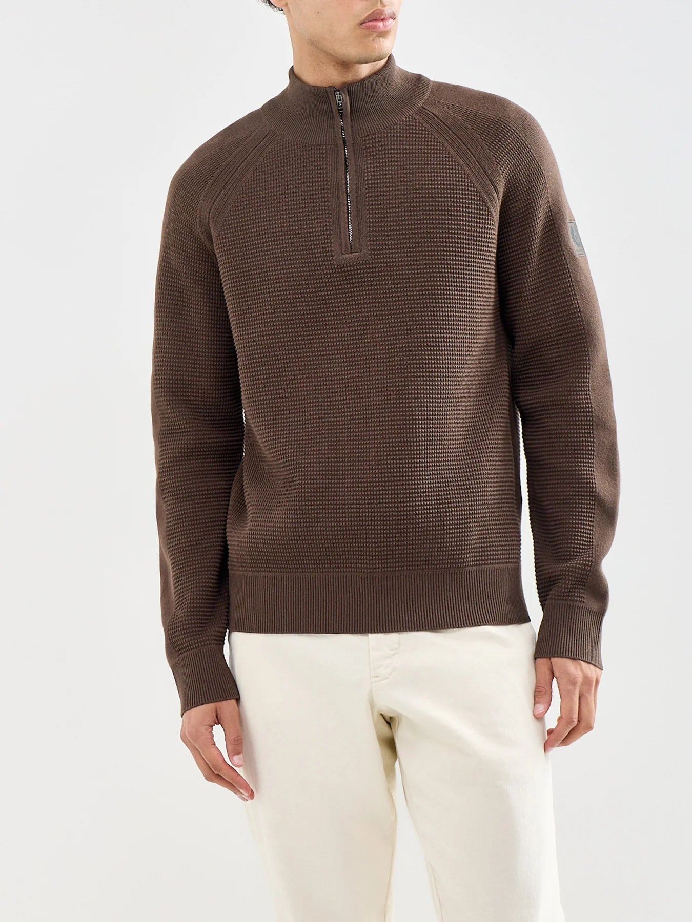 Young Ideas & Henmores -Bradwell Waffle Knit Quarter Zip -Army Olive -M