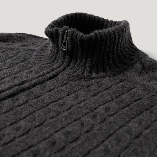 Young Ideas & Henmores -Westport Cable Knit Quarter Zip -Charcoal Melange -M