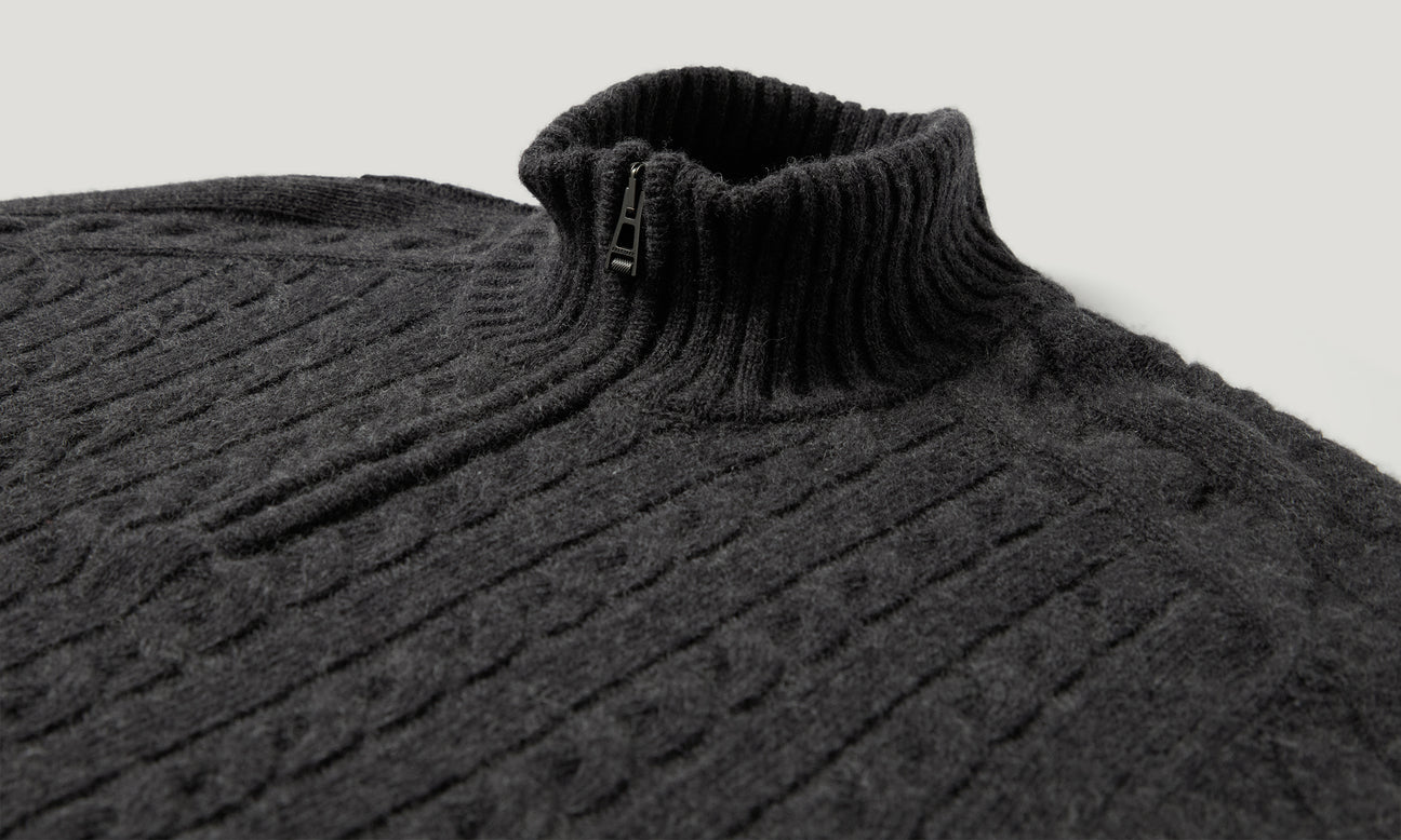 Young Ideas & Henmores -Westport Cable Knit Quarter Zip -Charcoal Melange -M
