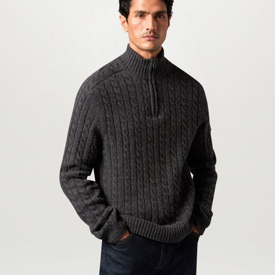Young Ideas & Henmores -Westport Cable Knit Quarter Zip -Charcoal Melange -M