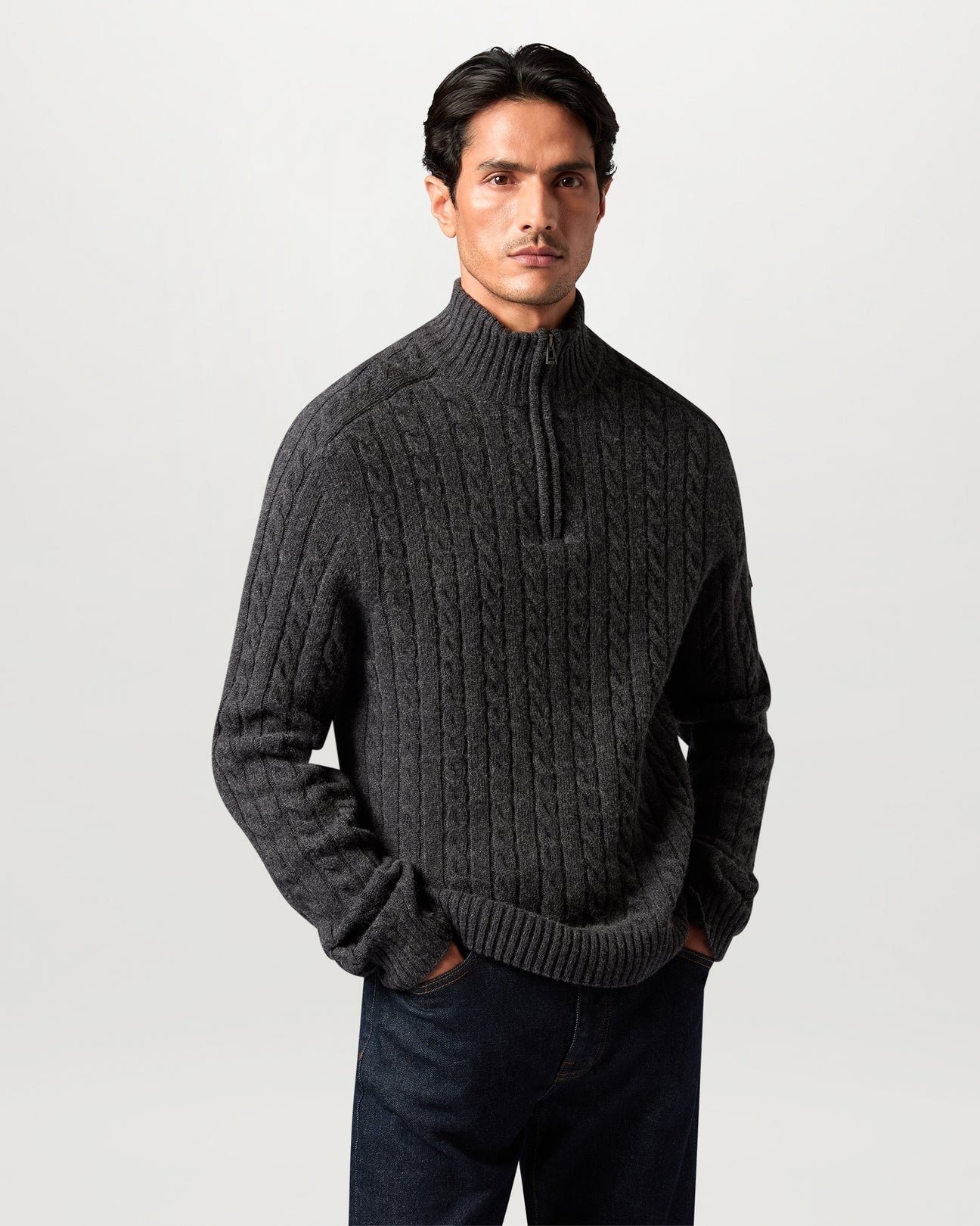 Young Ideas & Henmores -Westport Cable Knit Quarter Zip -Charcoal Melange -M