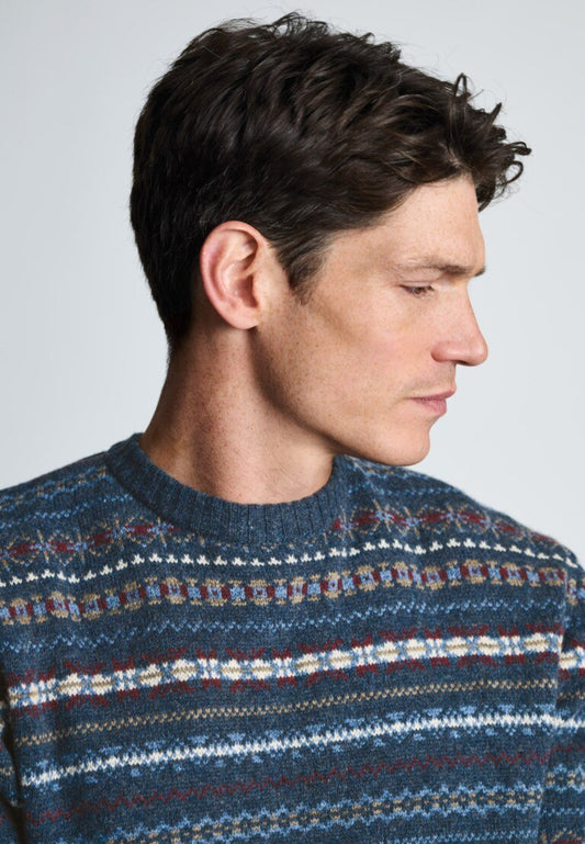 Young Ideas & Henmores -Holywell Fairisle Crew Neck Jumper -Navy -M