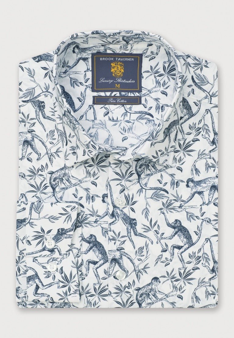 Young Ideas & Henmores - Longsleeved Monkey Print Shirt - Navy - L