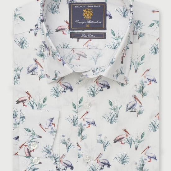Young Ideas & Henmores - Longsleeved Pelican Print Shirt - White - M