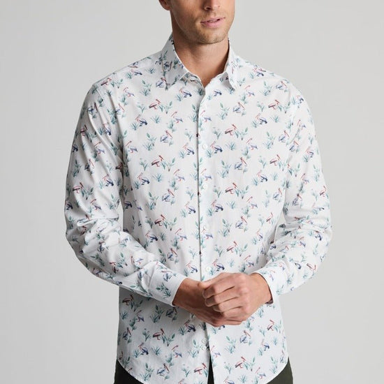 Young Ideas & Henmores - Longsleeved Pelican Print Shirt - White - M