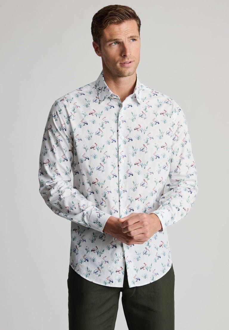 Young Ideas & Henmores - Longsleeved Pelican Print Shirt - White - M