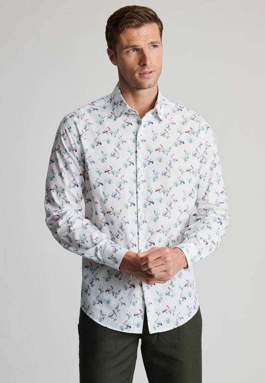 Young Ideas & Henmores - Longsleeved Pelican Print Shirt - White - M