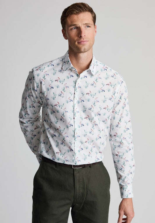 Young Ideas & Henmores - Longsleeved Pelican Print Shirt - White - M