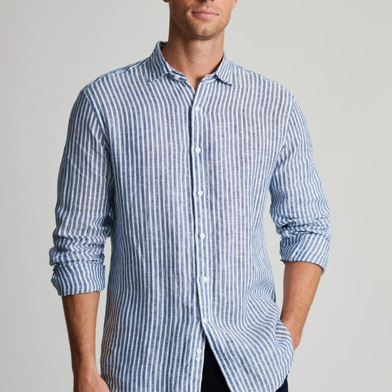 Young Ideas & Henmores - Longsleeved Stripy Linen Shirt - Navy - M