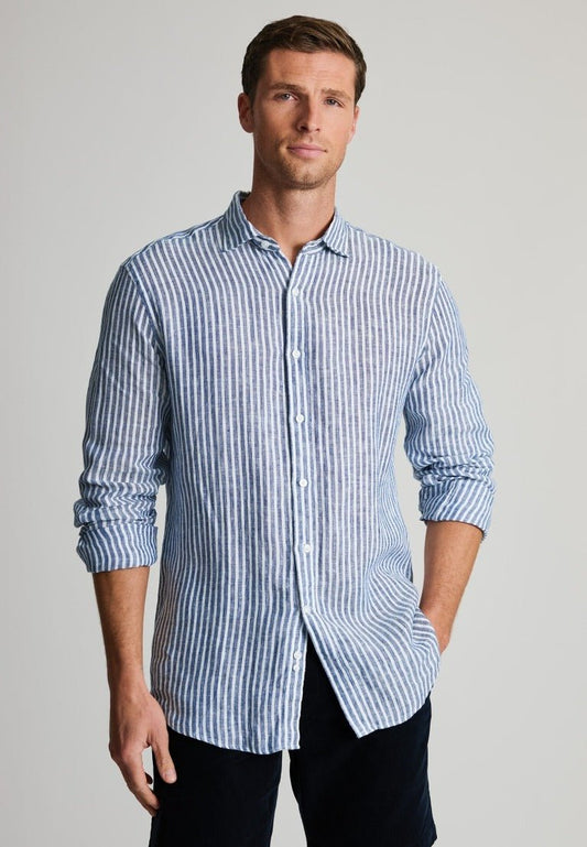 Young Ideas & Henmores - Longsleeved Stripy Linen Shirt - Navy - M