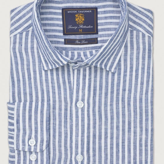 Young Ideas & Henmores - Longsleeved Stripy Linen Shirt - Navy - M