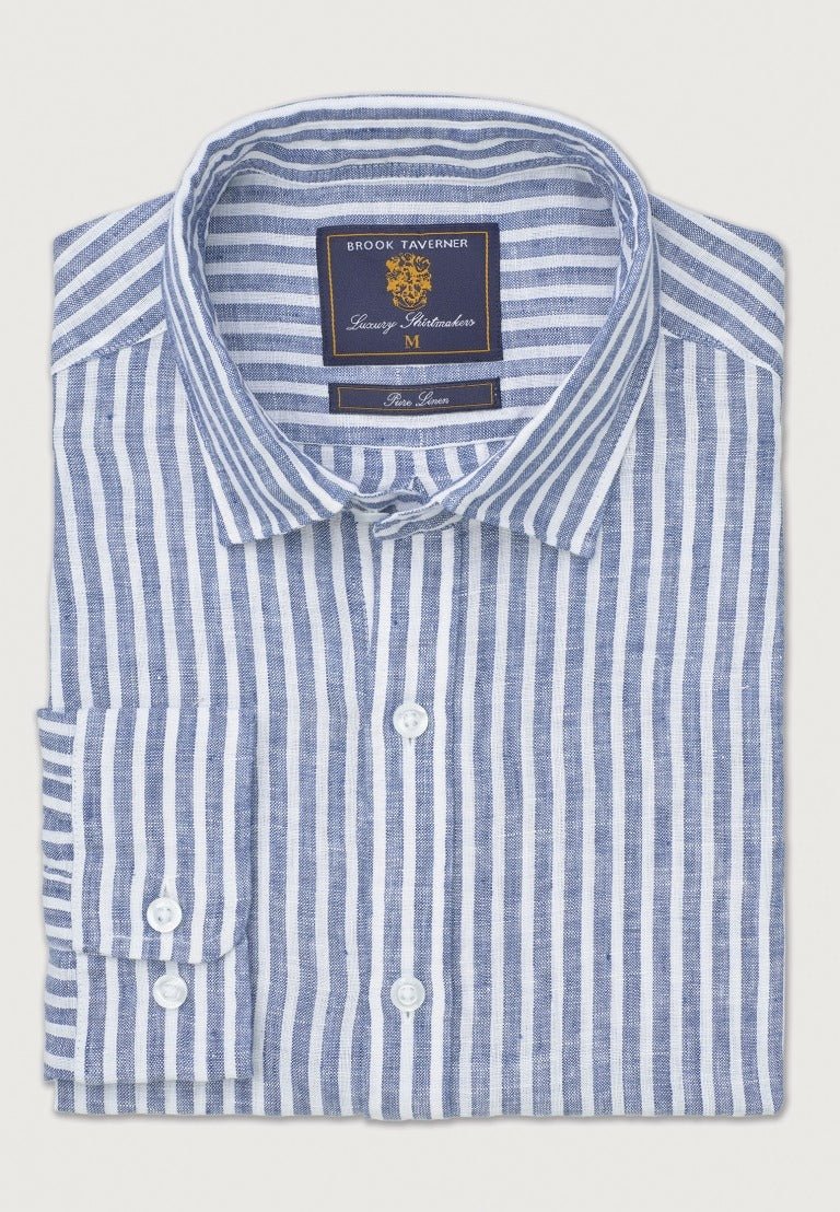 Young Ideas & Henmores - Longsleeved Stripy Linen Shirt - Navy - M