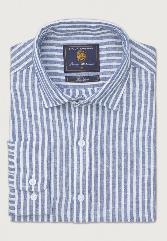 Young Ideas & Henmores - Longsleeved Stripy Linen Shirt - Navy - M