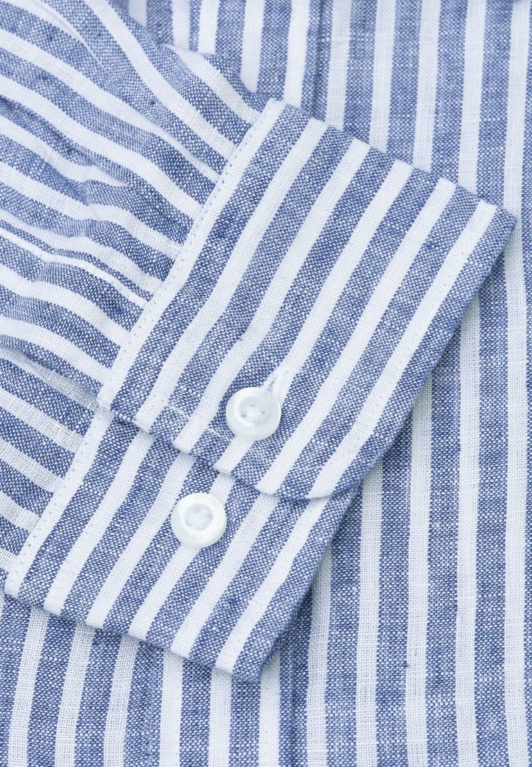 Young Ideas & Henmores - Longsleeved Stripy Linen Shirt - Navy - M