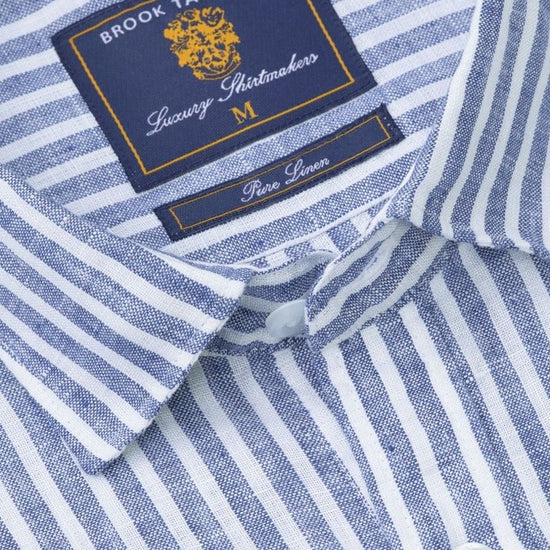 Young Ideas & Henmores - Longsleeved Stripy Linen Shirt - Navy - M