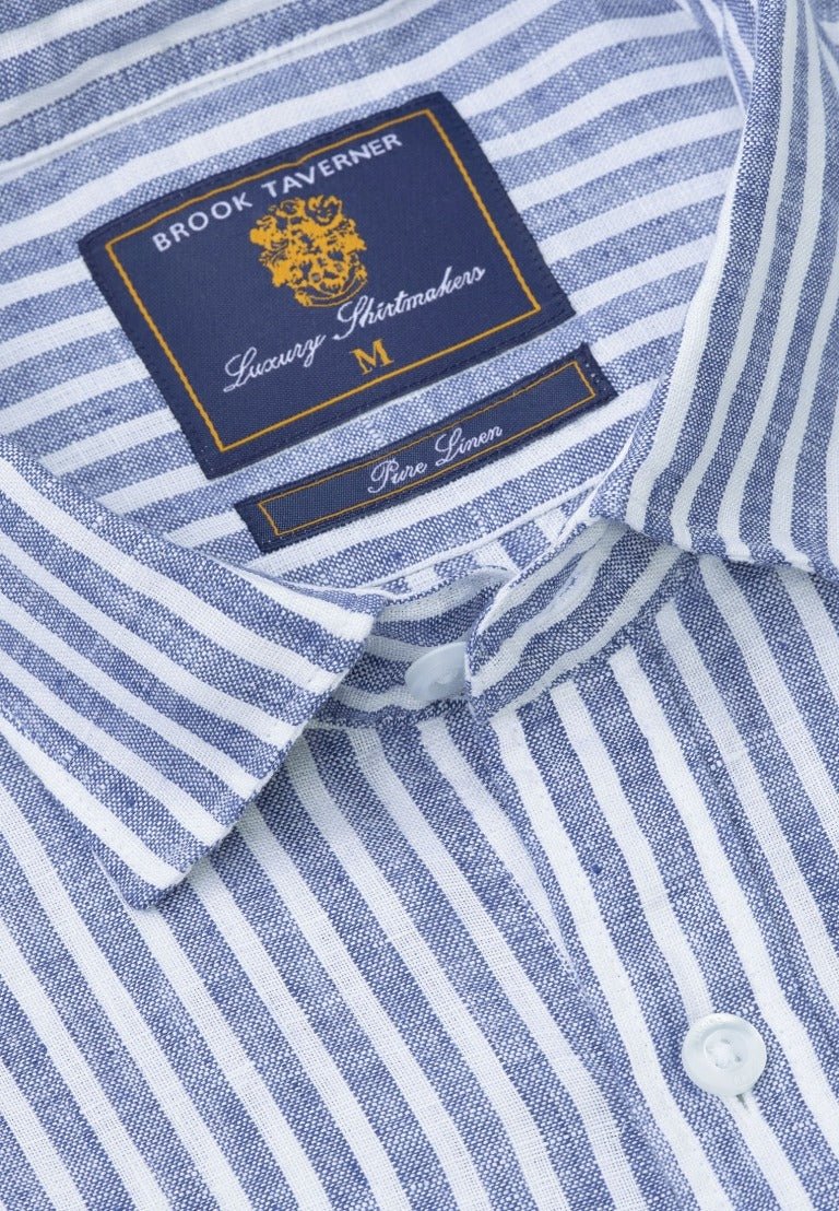 Young Ideas & Henmores - Longsleeved Stripy Linen Shirt - Navy - M