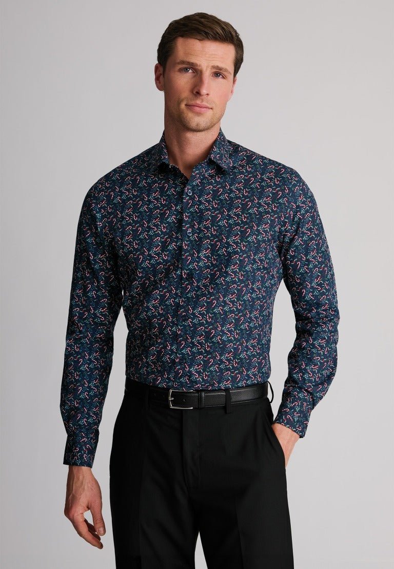 Young Ideas & Henmores -Novelty Navy Shirt With Candy Canes -Navy -S