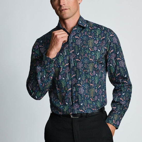Young Ideas & Henmores -Novelty Navy Shirt With Woodland Animals -Navy -S