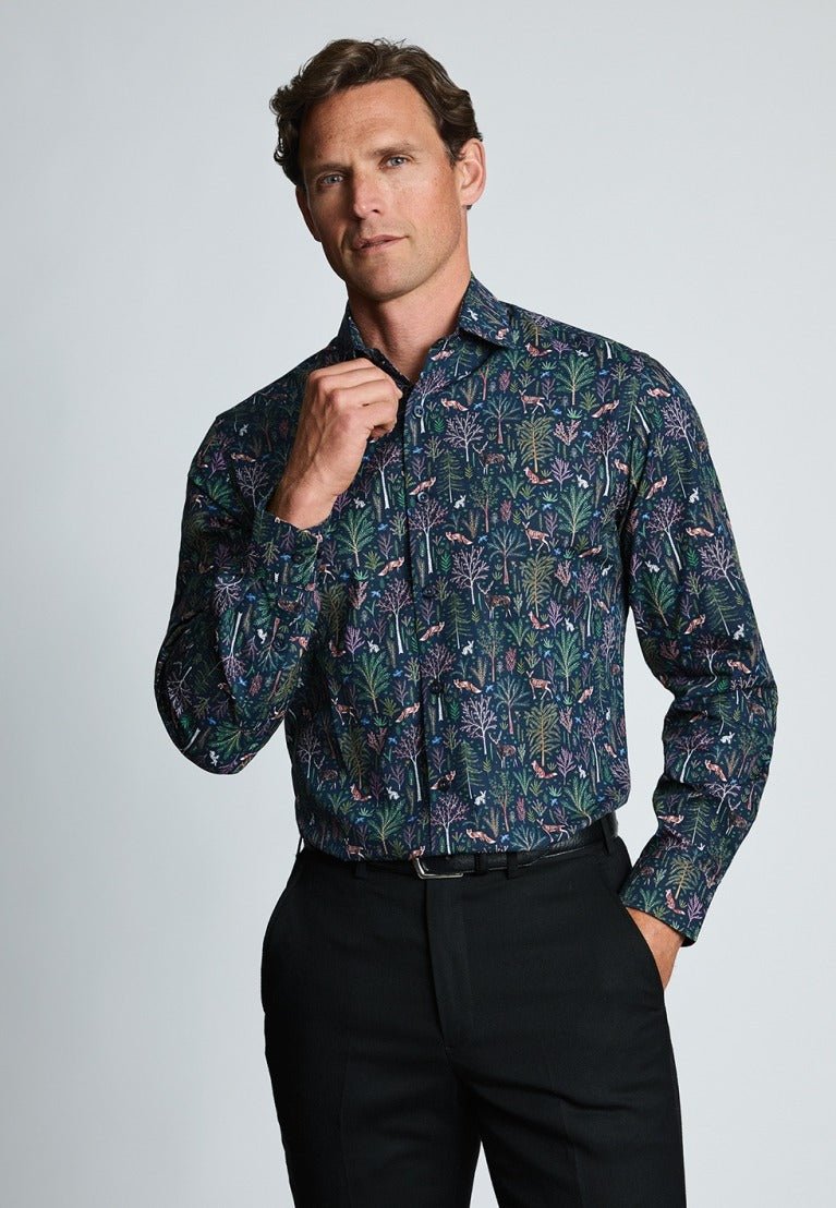 Young Ideas & Henmores -Novelty Navy Shirt With Woodland Animals -Navy -S