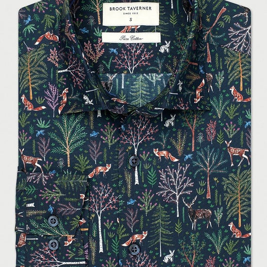 Young Ideas & Henmores -Novelty Navy Shirt With Woodland Animals -Navy -S