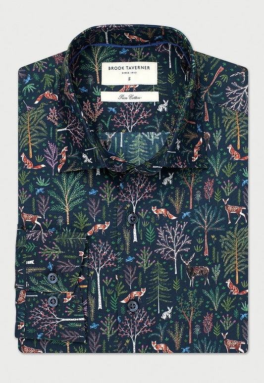 Young Ideas & Henmores -Novelty Navy Shirt With Woodland Animals -Navy -S