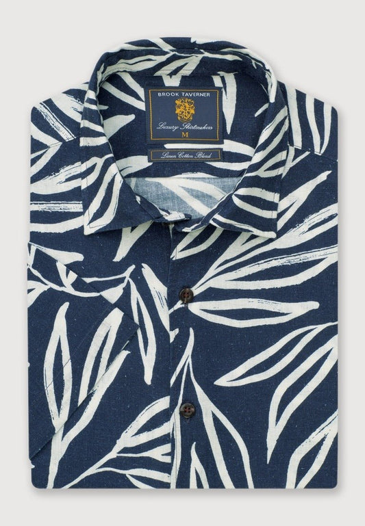 Young Ideas & Henmores - Shortsleeved Abstract Leaf Print Shirt - Navy - M