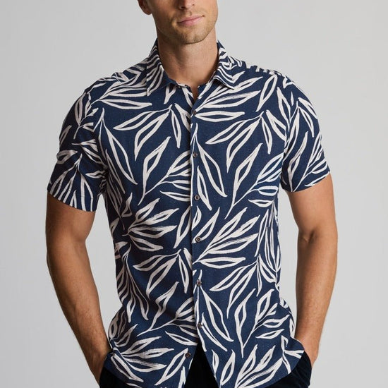 Young Ideas & Henmores - Shortsleeved Abstract Leaf Print Shirt - Navy - M